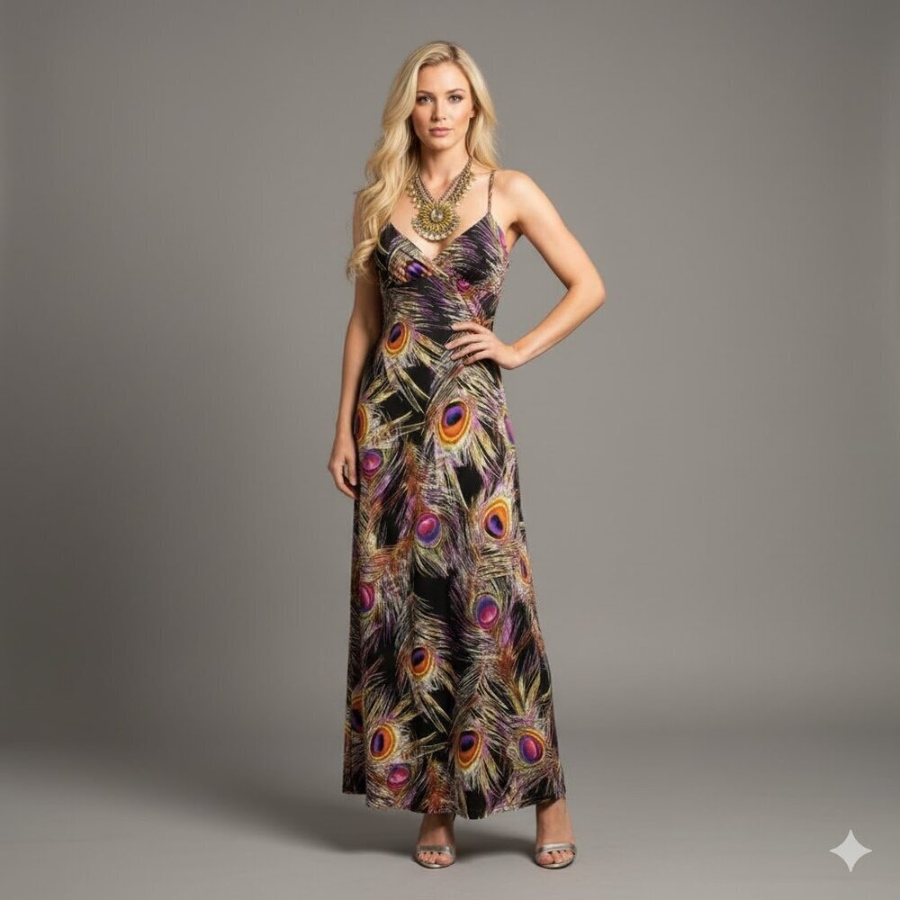 Peacock Print Maxi Dress Size M